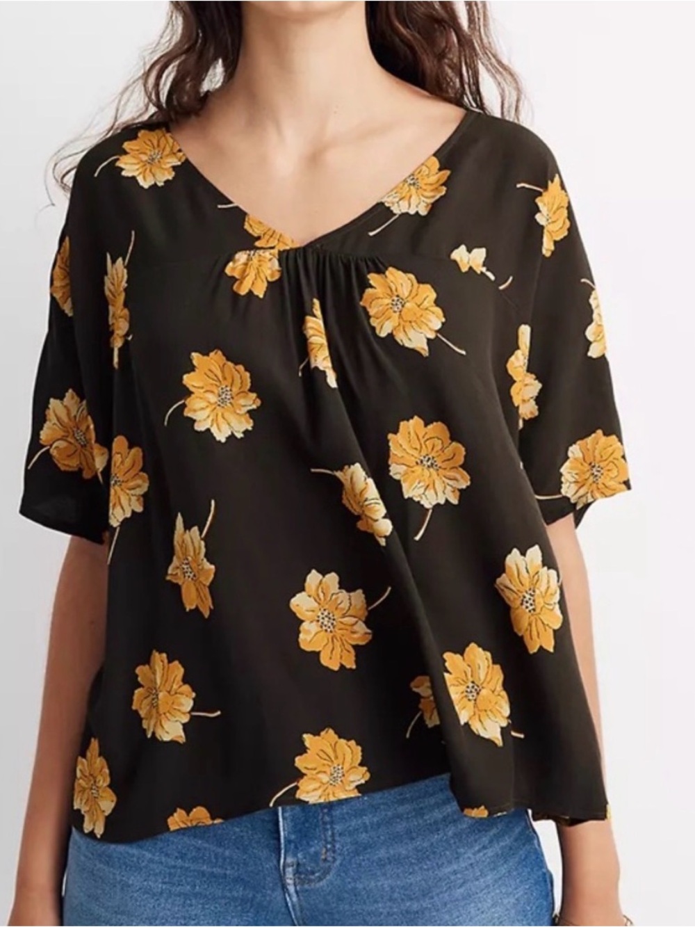 Madewell Olive Green Short Sleeve Floral V-Neck Top